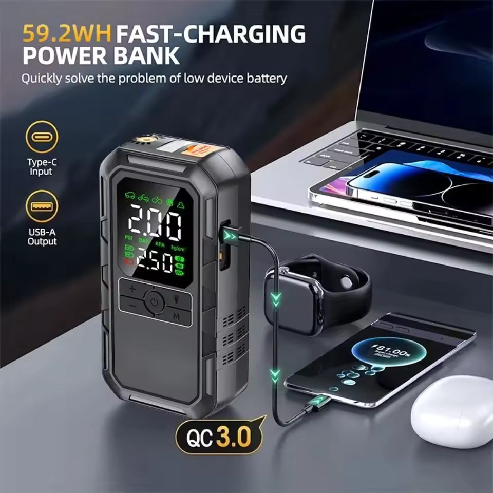 Portable 4 in 1 Car Jump Starter, Tire Inflator & Power Bank【New Release】